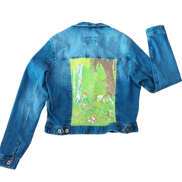Hand painted Indie mushrooms fairy core nature scene unique cropped jean jacket - Picture 8 of 9